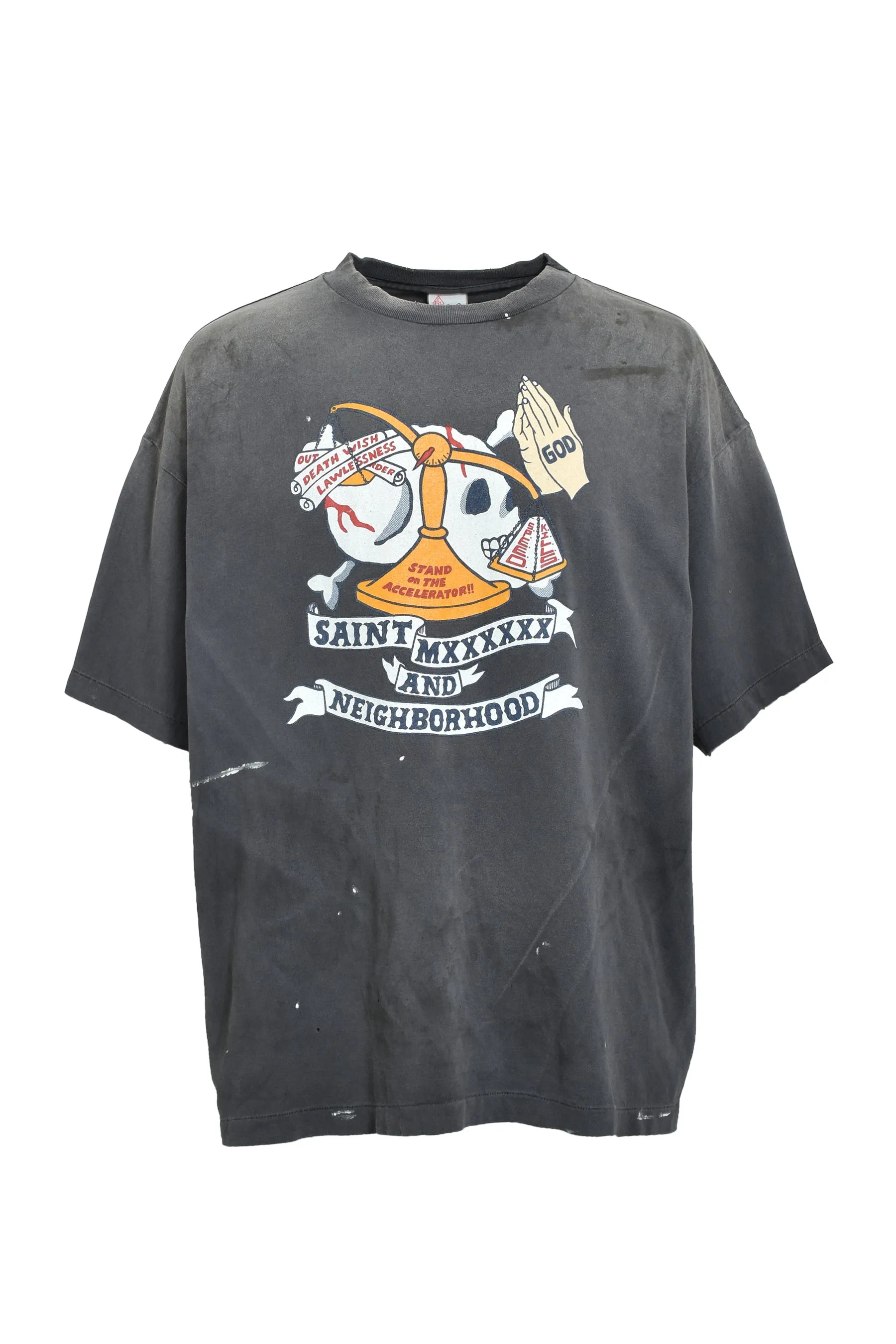 SAINT Mxxxxxx × NEIGHBORHOOD STHD . SS TEE PRAY/BLK NBHD Shinsuke Takizawa co-branded model Praying scale tee Washed black S-XL SAINT HOOD theme co-branded capsule series Garment dyeing Rewashing water fading Destroying graffiti Simulating natural distressed effect Top printing technology Washing treatment Correct version Customized joint main mark/wash mark/cherub mark